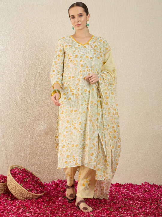 Indo Era Off White Printed Straight Kurta Trousers With Dupatta Set