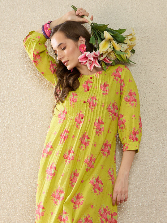 Green Printed Pure Cotton A-Line Round Neck Kurta Trouser Set