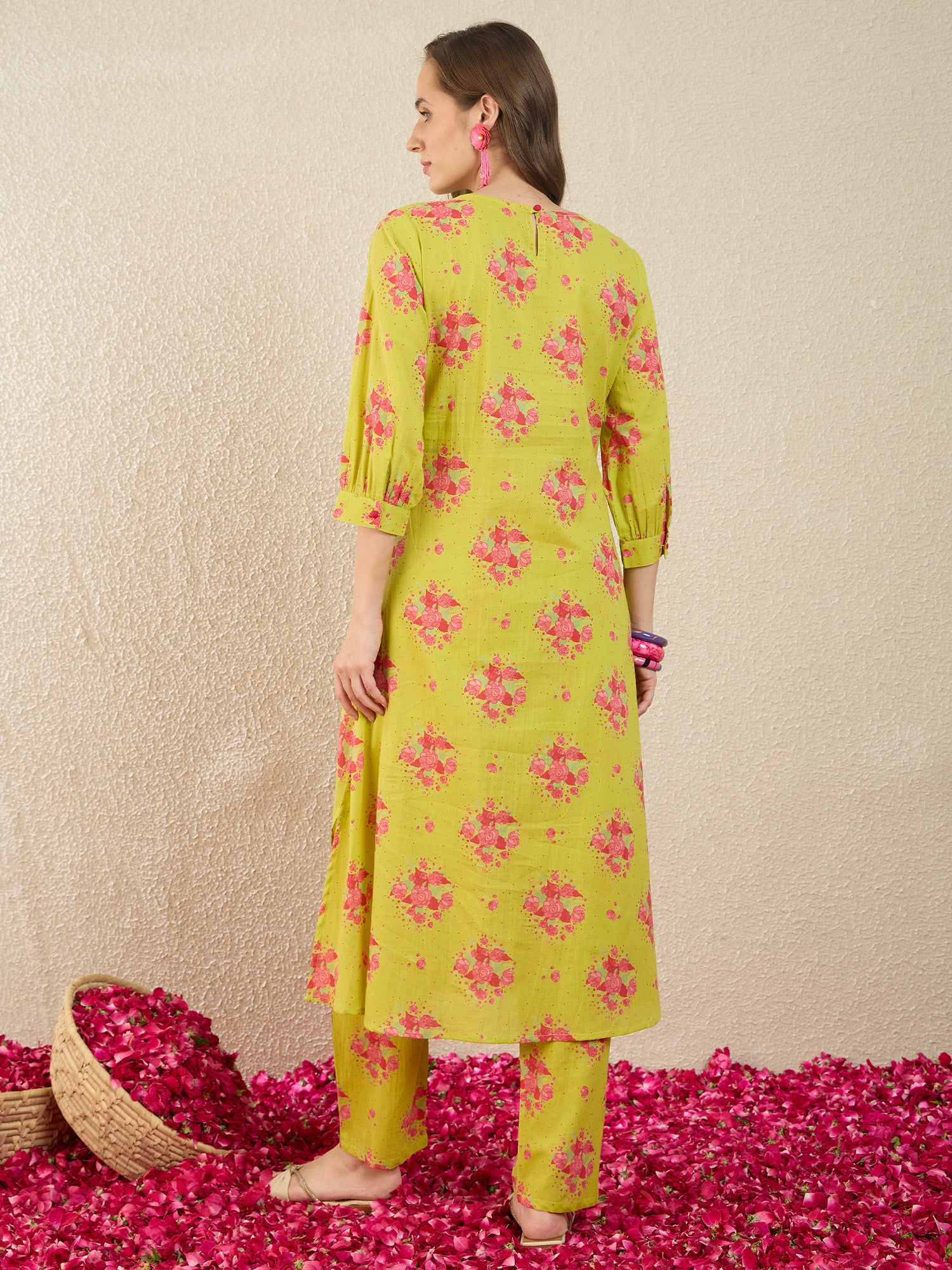 Green Printed Pure Cotton A-Line Round Neck Kurta Trouser Set