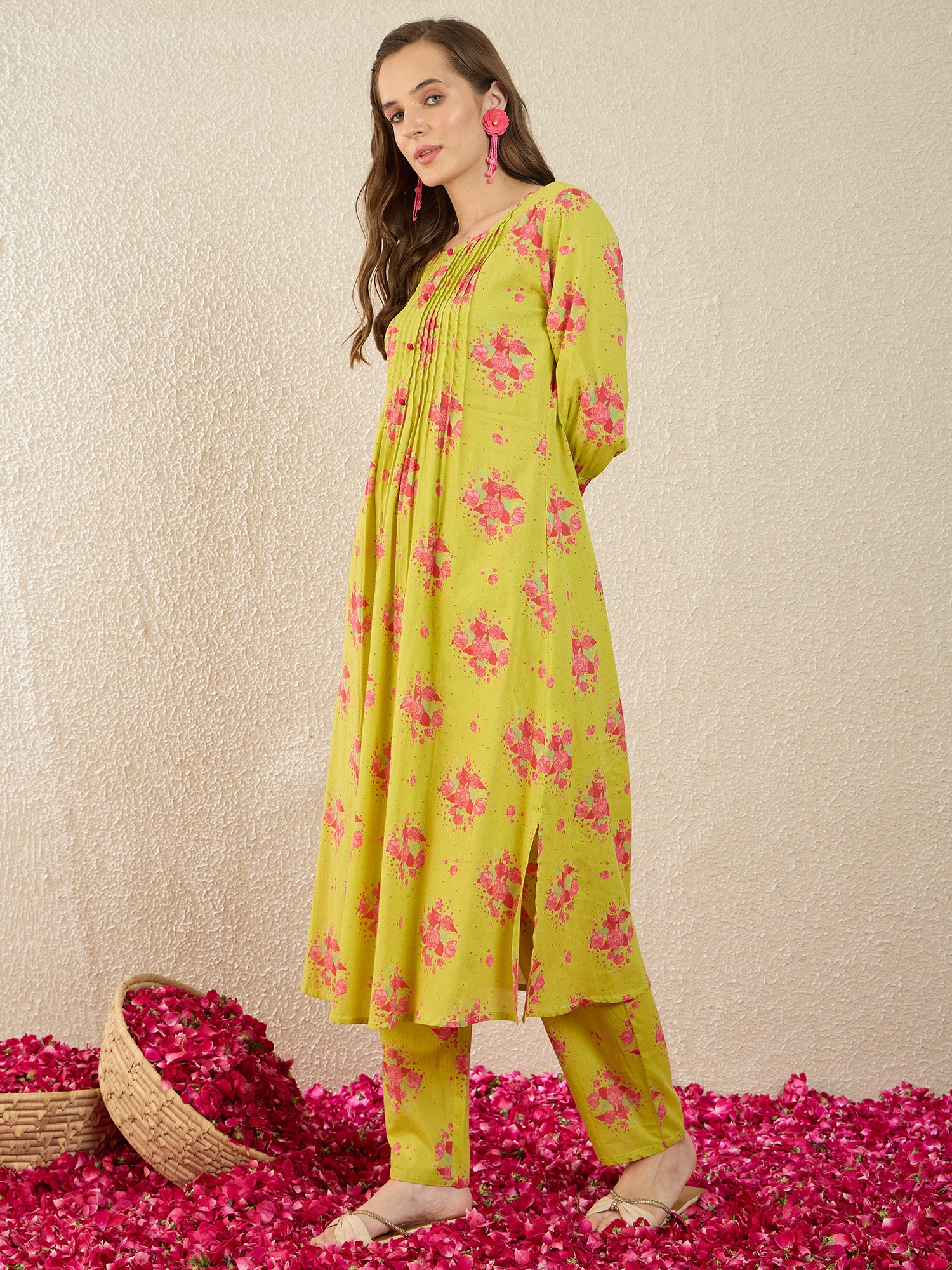 Green Printed Pure Cotton A-Line Round Neck Kurta Trouser Set