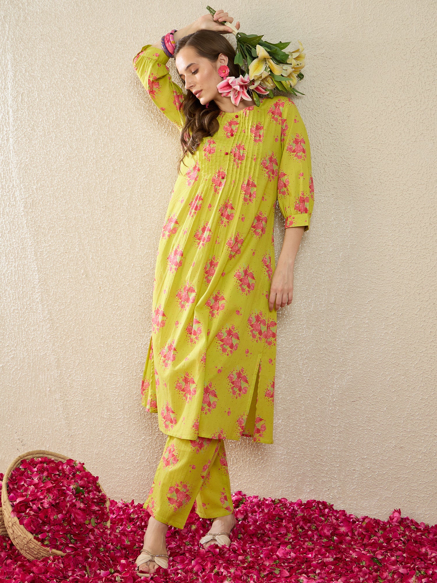 Green Printed Pure Cotton A-Line Round Neck Kurta Trouser Set