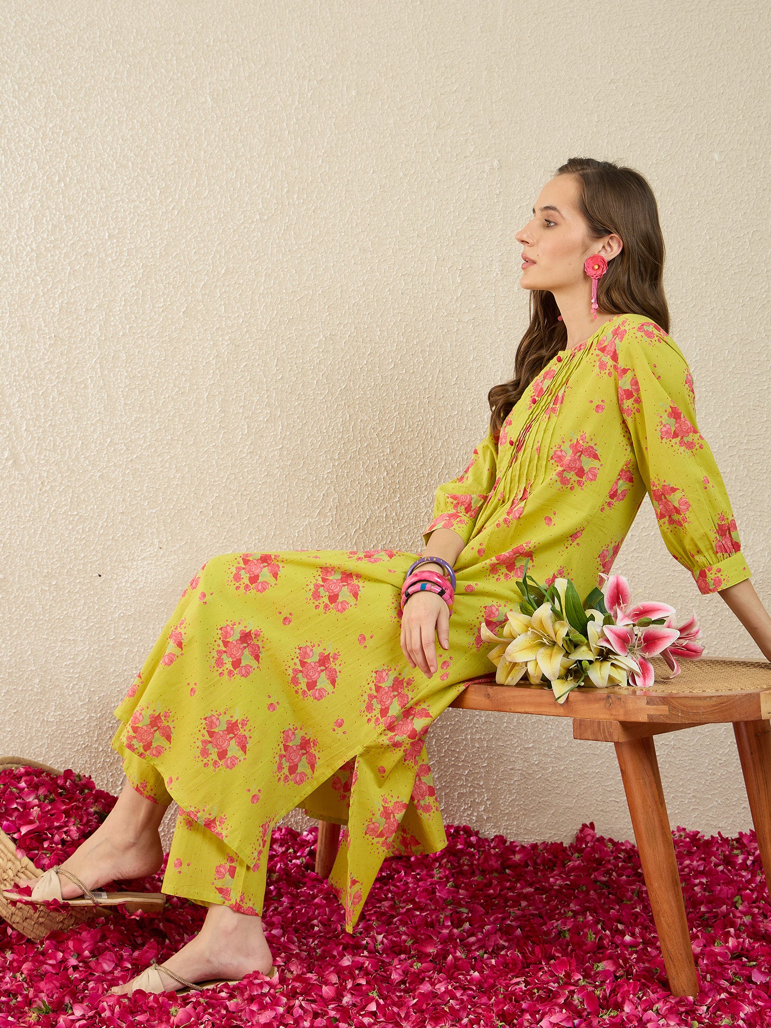 Green Printed Pure Cotton A-Line Round Neck Kurta Trouser Set