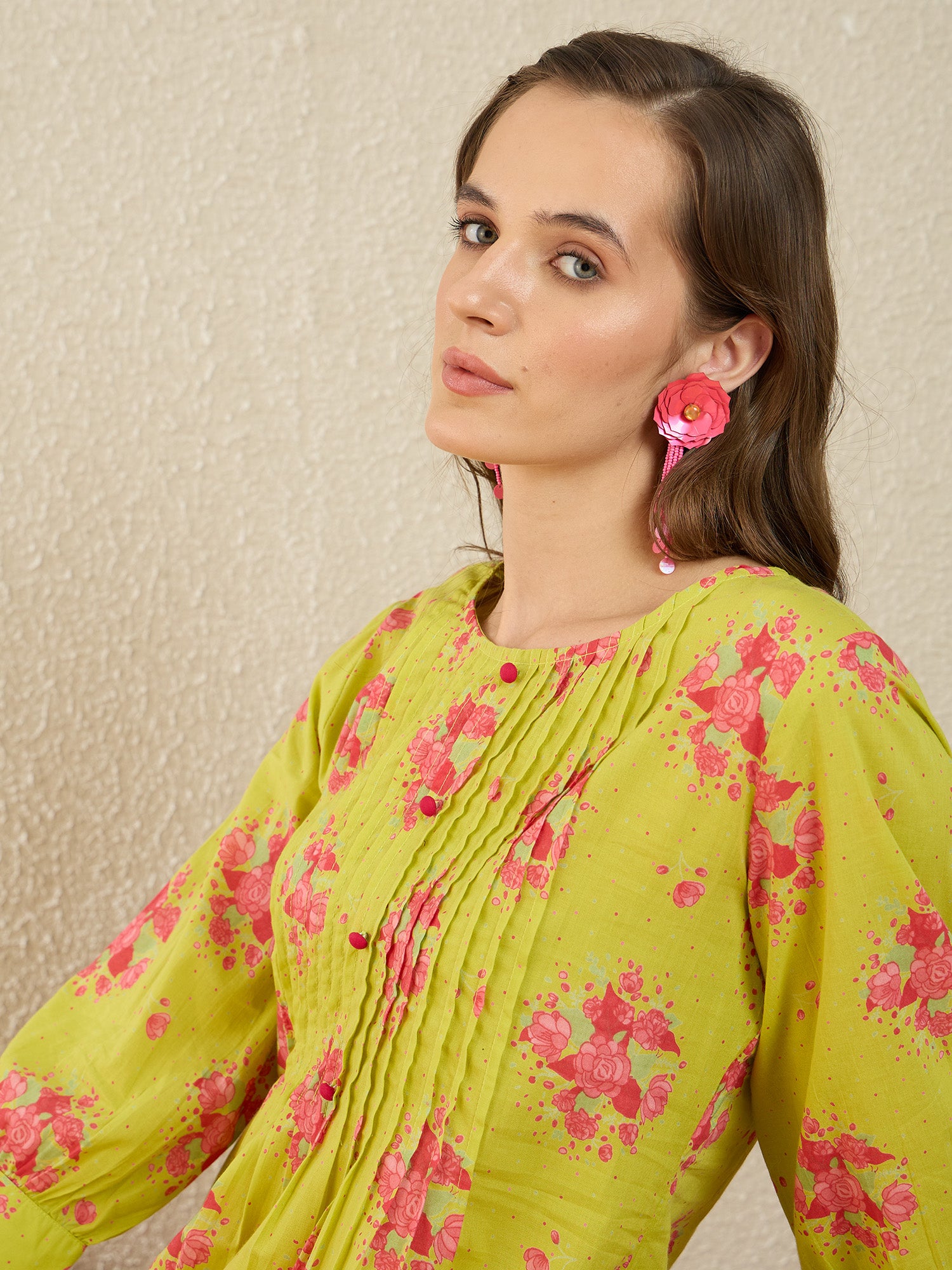 Green Printed Pure Cotton A-Line Round Neck Kurta Trouser Set