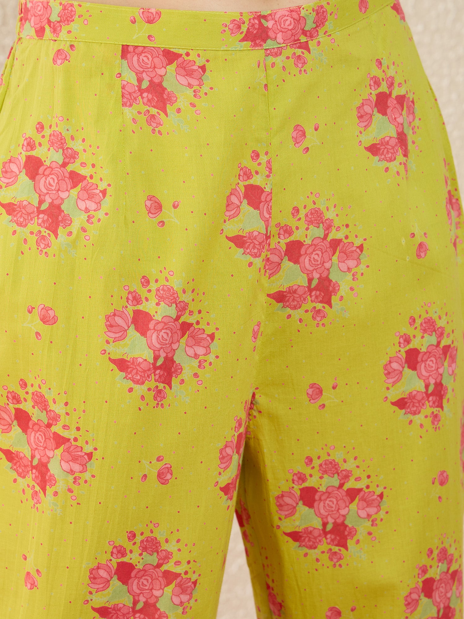 Green Printed Pure Cotton A-Line Round Neck Kurta Trouser Set