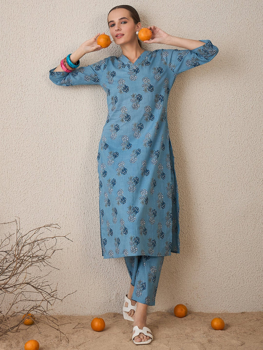 Indo Era Blue Printed Straight Kurta Trousers Set