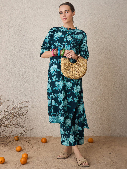 Indo Era Teal Printed Straight Kurta Palazzos  Set