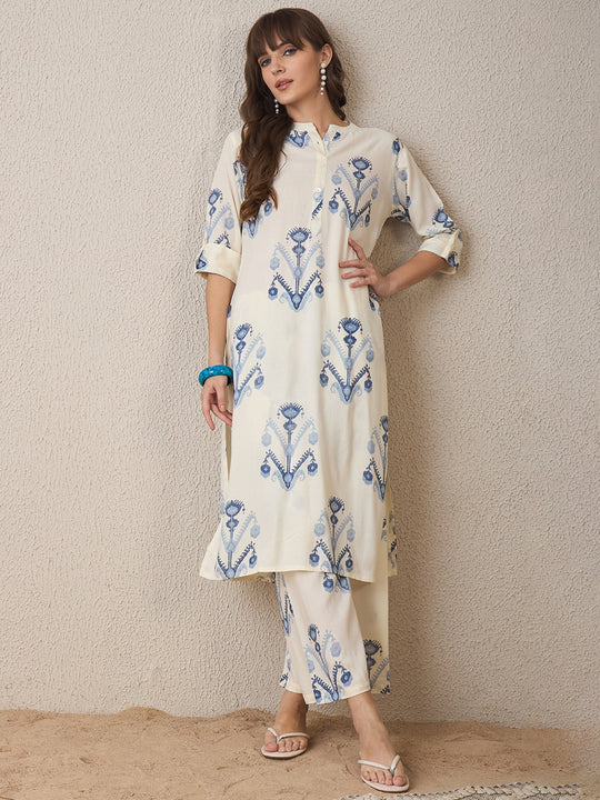 Indo Era Off White Printed Straight Kurta Trousers  Set