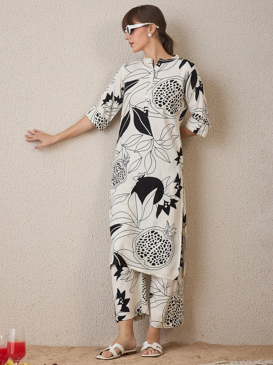 Indo Era Off White Printed Straight Kurta Palazzos  Set