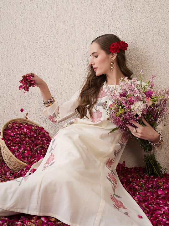 Indo Era Off White Embroidered Straight Kurta Trousers Set