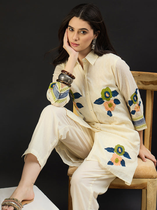 Indo Era Off White Printed A-Line Kurta Trousers  Set