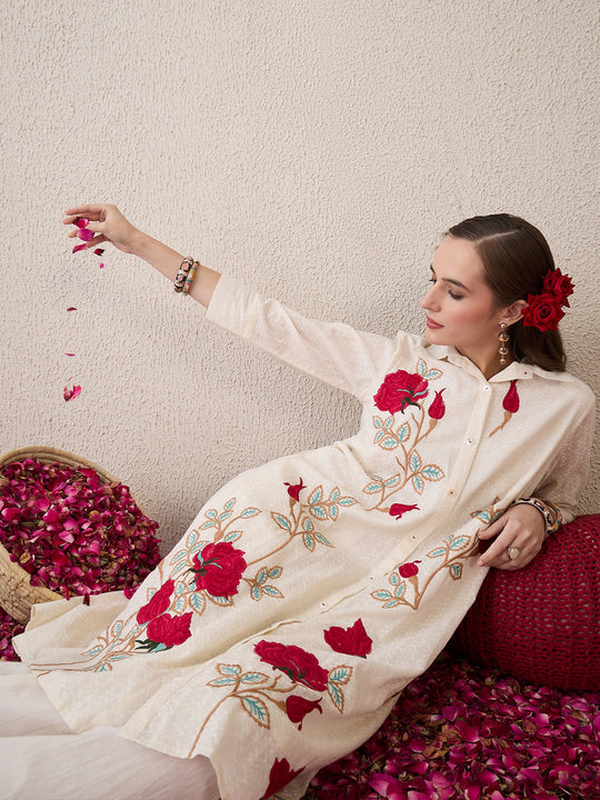 Indo Era Off White Embroidered A-Line Kurta Trousers  Set