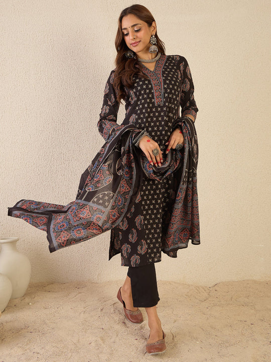 Black Printed Pure Cotton Straight Kurta Set With Dupatta