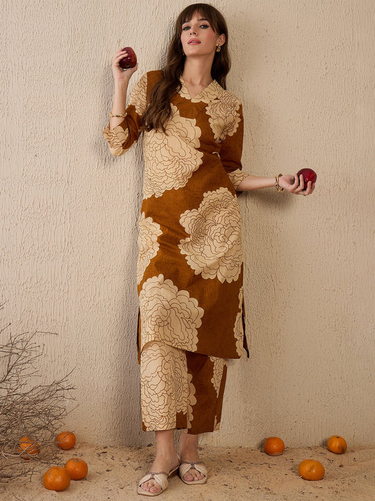 Indo Era Mustard Printed Straight Kurta Trousers  Set