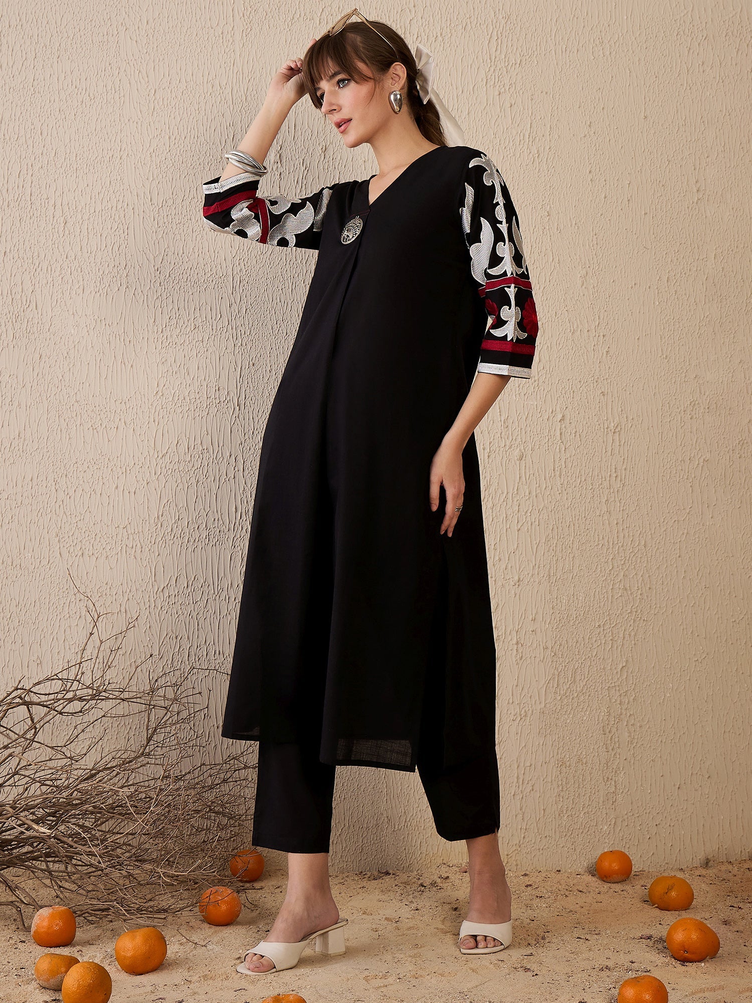 indo era, suit, kurta set for women, indo era kurta, kurta sets for ladies, summer dresses for women, 3 piece suit, cotton kurta set for women, new arrivals, women kurti plazo set, women in suit, kurta suit, floral kurta, short suit, spring summer, Black suit