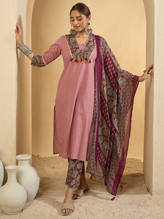 Mauve Self Design Pure Cotton Straight Kurta Set With Dupatta