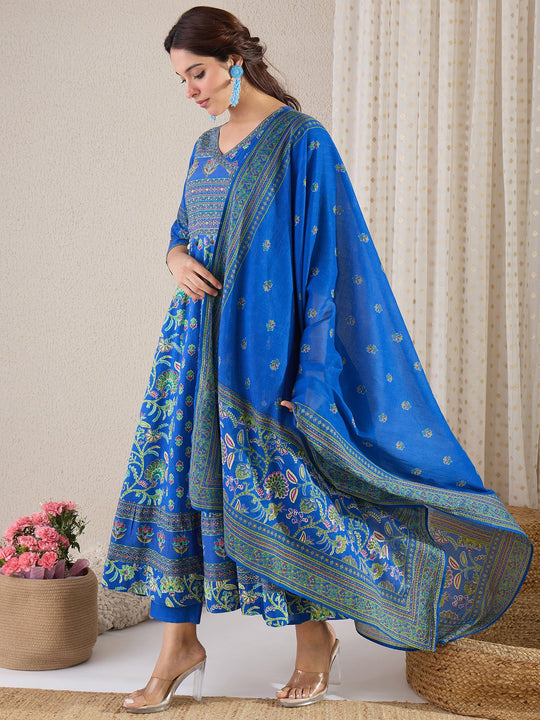 Blue Printed Pure Cotton Anarkali Suit Sets With Dupatta