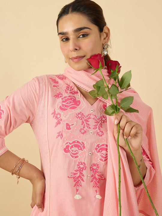 Pink Embroidered Straight Cotton Kurta Set With Dupatta