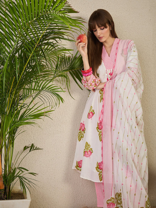 White Printed Pure Cotton A-Line Kurta Sets With Dupatta