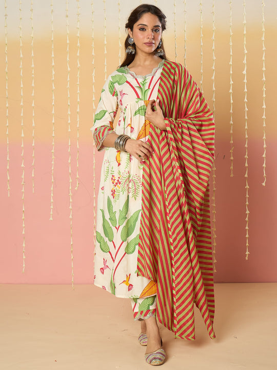 Women White Printed Pure Cotton A-Line Kurta Sets With Dupatta