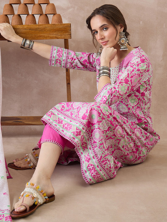 Indo era Pink Printed Straight Kurta Trousers With Dupatta Set