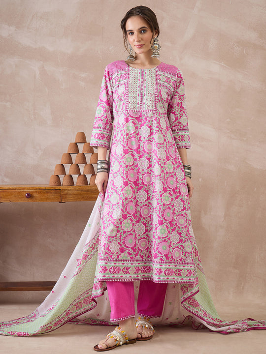 Indo era Pink Printed Straight Kurta Trousers With Dupatta Set