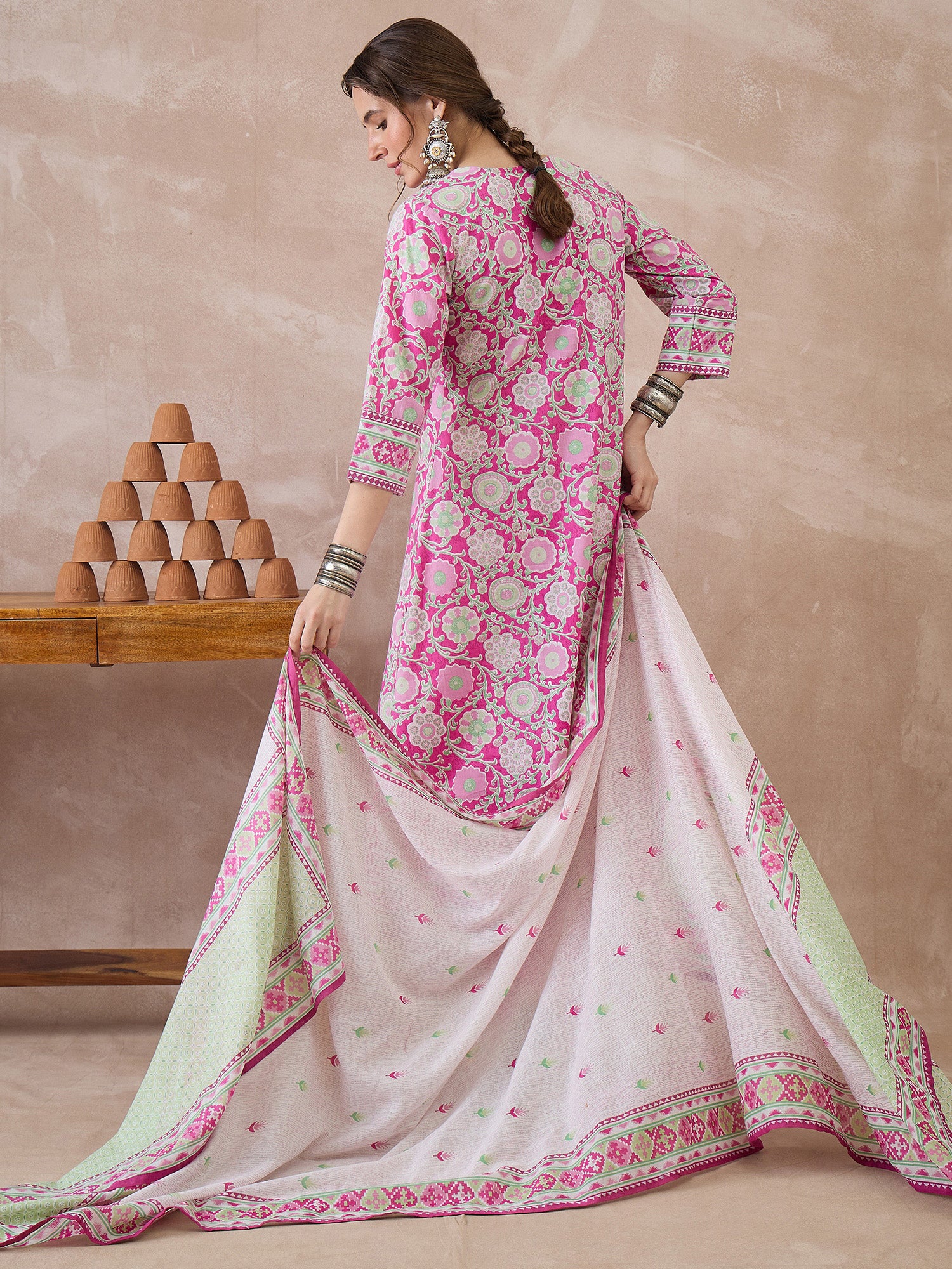 Indo era Pink Printed Straight Kurta Trousers With Dupatta Set
