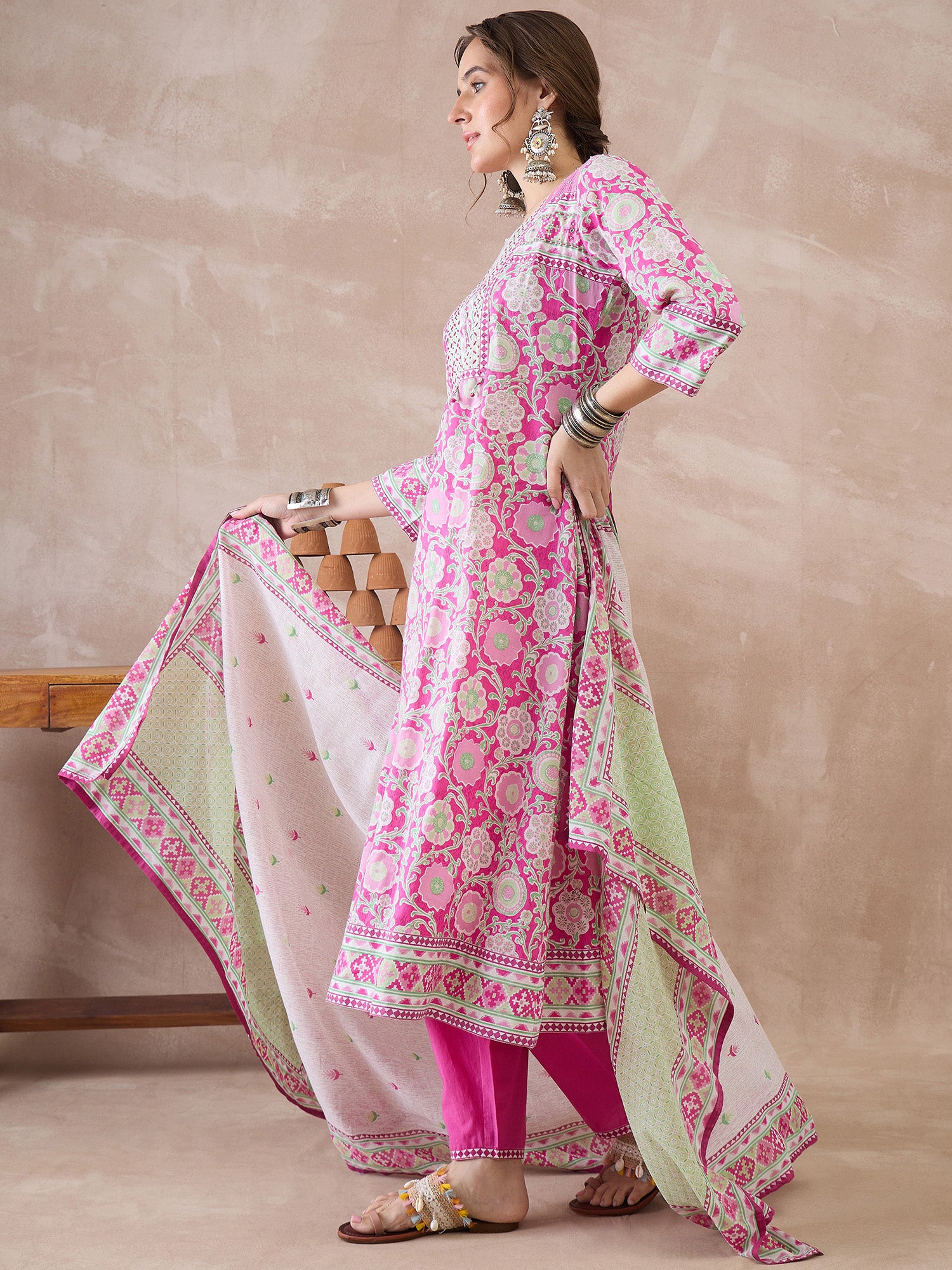 Indo era Pink Printed Straight Kurta Trousers With Dupatta Set