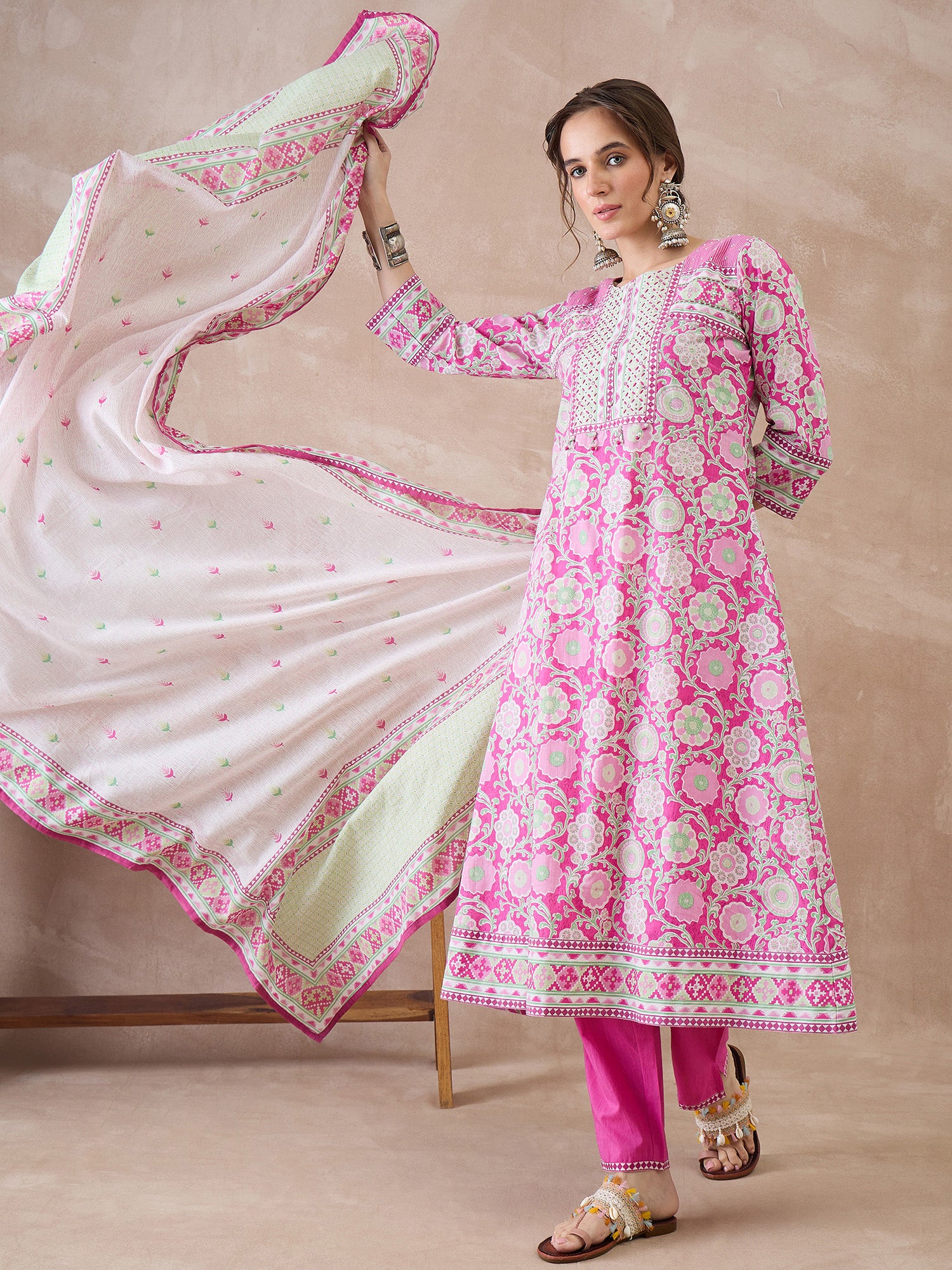 Indo era Pink Printed Straight Kurta Trousers With Dupatta Set