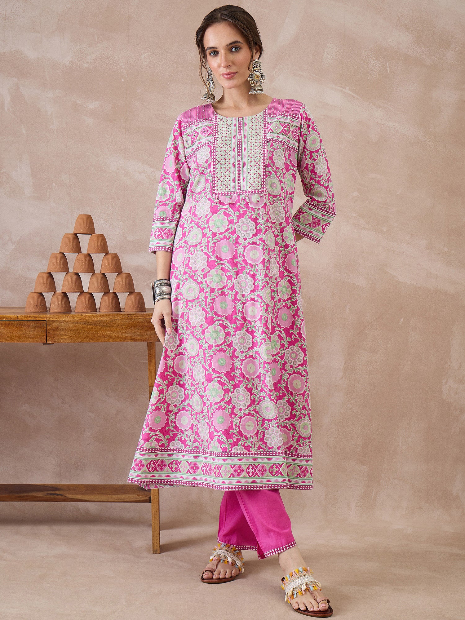 Indo era Pink Printed Straight Kurta Trousers With Dupatta Set
