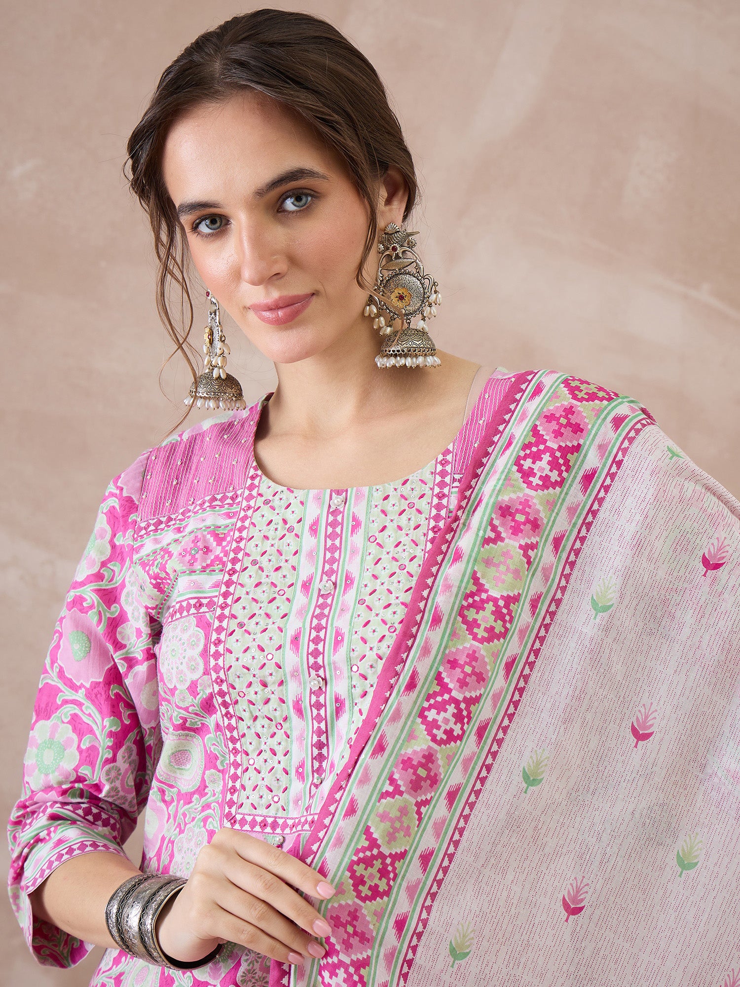 Indo era Pink Printed Straight Kurta Trousers With Dupatta Set