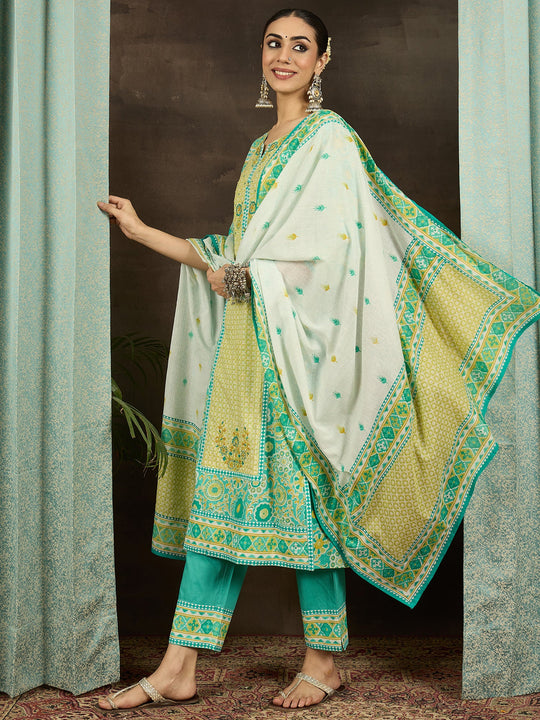 Sea Green Embroidered Pure Cotton Straight Suit Set With Dupatta