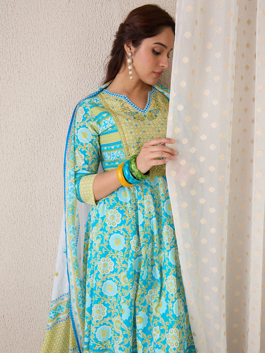 Blue Embroidered Pure Cotton A-Line Suit Sets With Dupatta