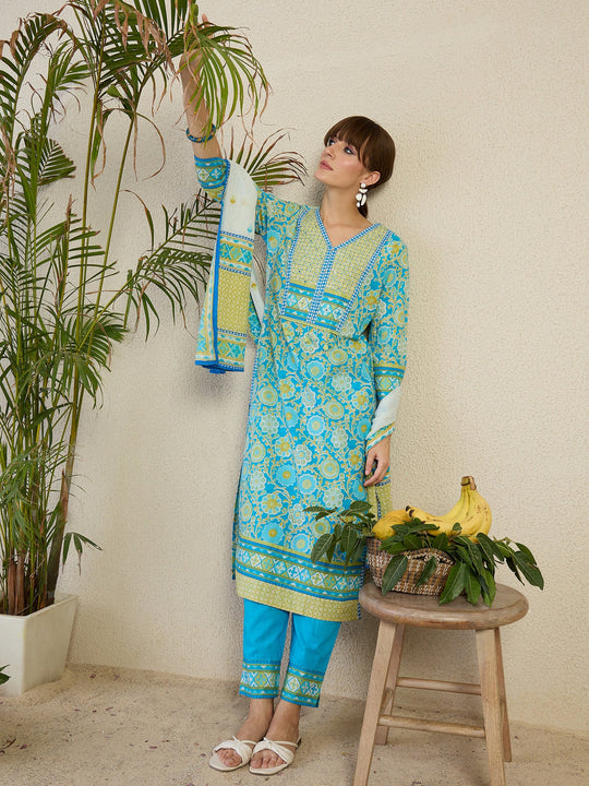Blue Printed Pure Cotton Straight Suit Sets With Dupatta