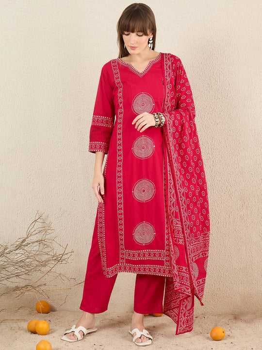 Pink Printed Pure Cotton Straight Kurta Sets With Dupatta