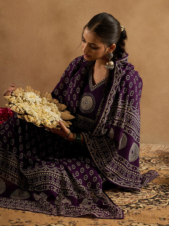 Indo Era Purple Printed Straight Kurta Trousers With Dupatta Set