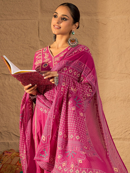 Pink Embroidered Pure Cotton Straight Kurta Sets With Dupatta