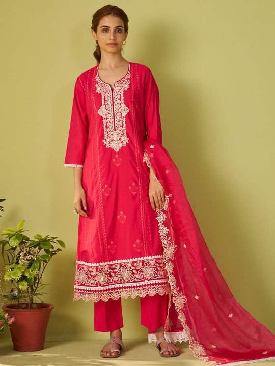 Pink Embroidered Silk Blend Straight Women Kurta Trouser With Dupatta