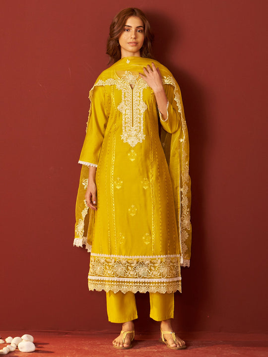 Yellow Embroidered Silk Blend Straight Women Kurta Trouser With Dupatta