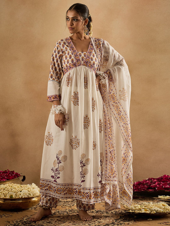 White Printed A-Line Kurta Trousers With Dupatta