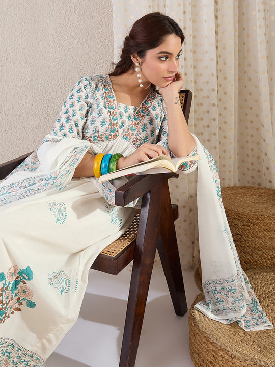 White Printed Pure Cotton A-Line Suit Sets With Dupatta