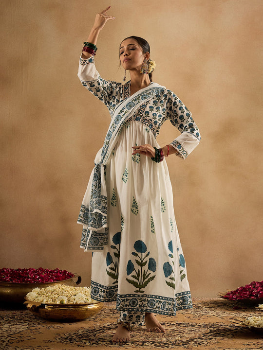 Indo Era White Printed A-Line Kurta Trousers With Dupatta Set