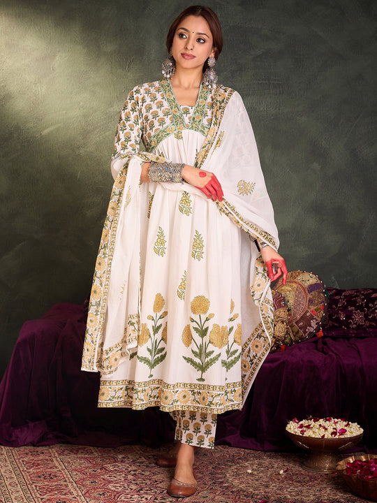 Indo Era White Printed A-Line Kurta Trousers With Dupatta Set
