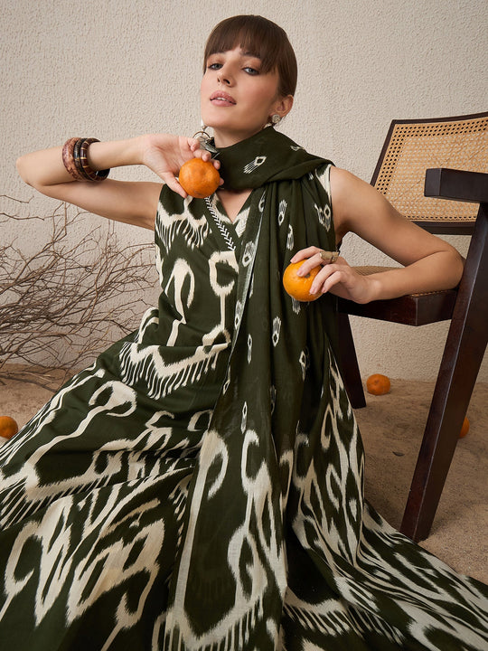 Indo era Green Printed Straight Kurta Trousers With Dupatta Set