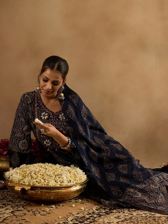 Indo era Blue Embroidered Straight Kurta Trousers With Dupatta