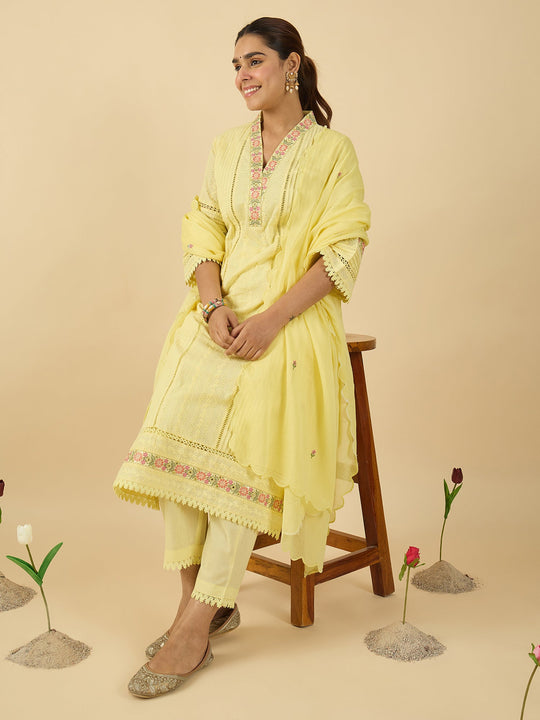 Yellow Embroidered Straight Pure Cotton Kurta Set Dupatta