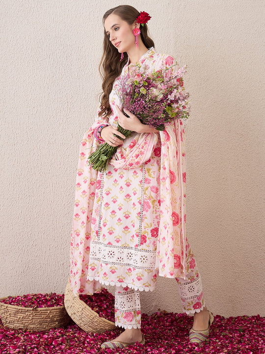 Indo era Pink Embroidered Straight Kurta Trousers With Dupatta Set