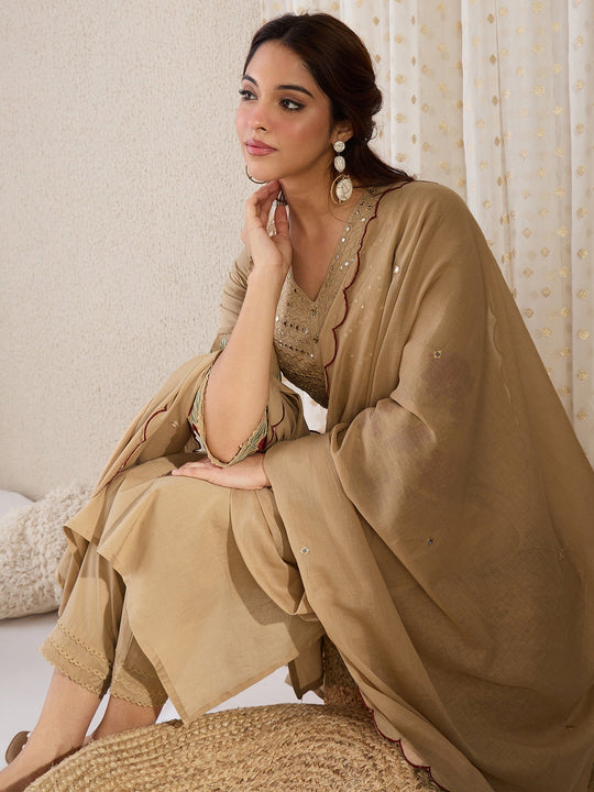 Cream Embroidered Pure Cotton Straight Suit Sets With Dupatta