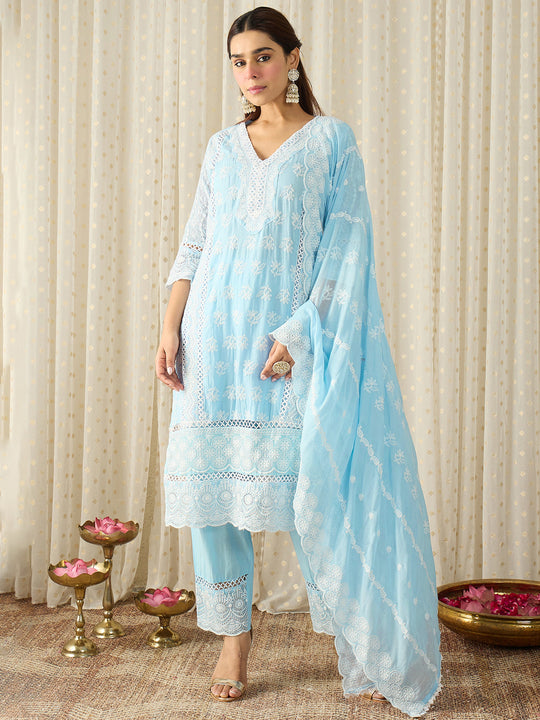 Blue Embroidered Pure Cotton Straight Kurta Sets With Dupatta
