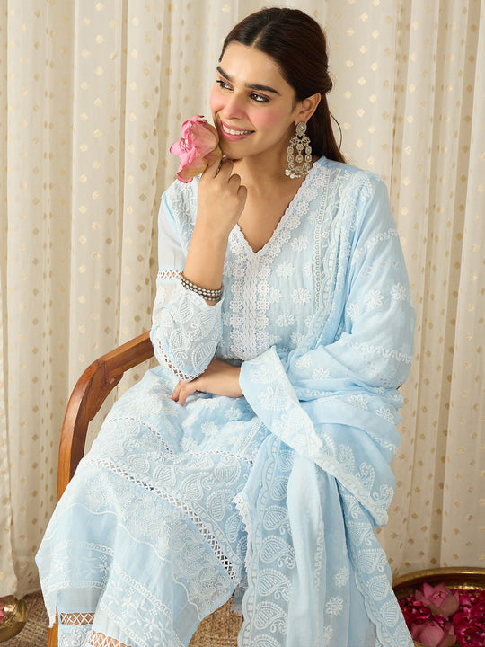 Blue Embroidered Straight Pure Cotton Suit Set With Dupatta