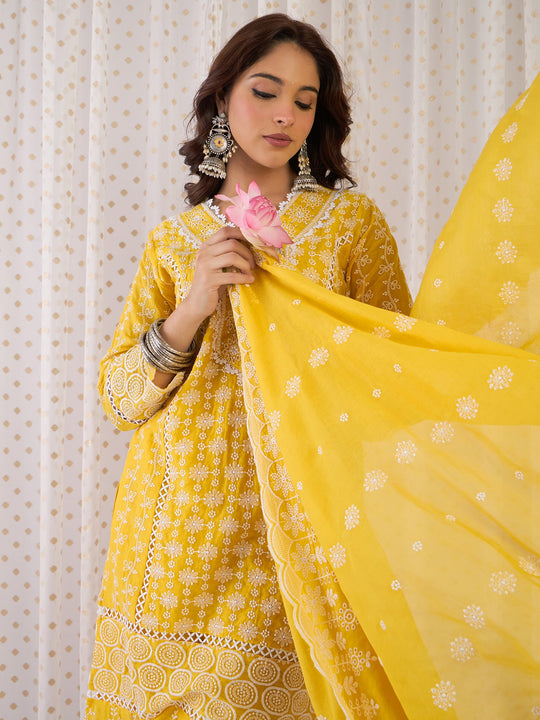 Indo Era Mustard Embroidered Straight Kurta Trousers With Dupatta Set
